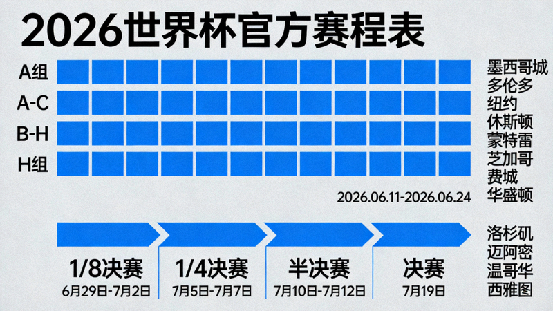 2026世界杯官方赛程表可视化图表，清晰标注小组赛、淘汰赛各阶段在不同北美城市举办的日期