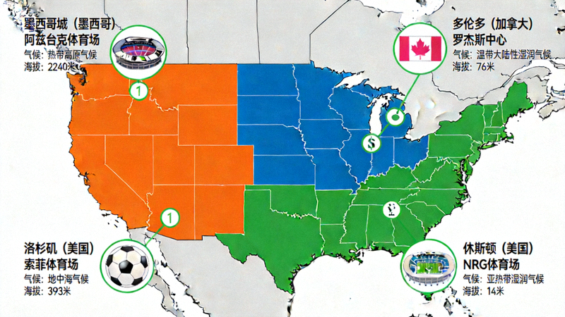 2026世界杯美加墨三国联合举办城市与场馆地图，标注不同城市的气候与海拔差异