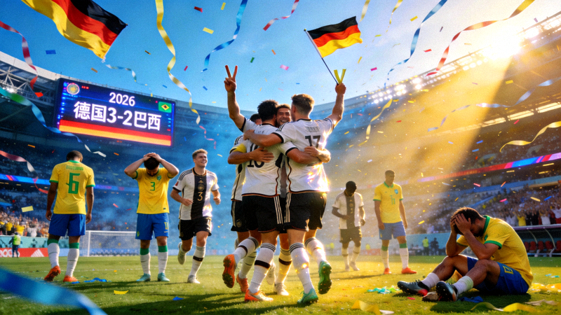 2026世界杯四分之一决赛德国队逆转巴西后球员庆祝，背景是失落的巴西球员