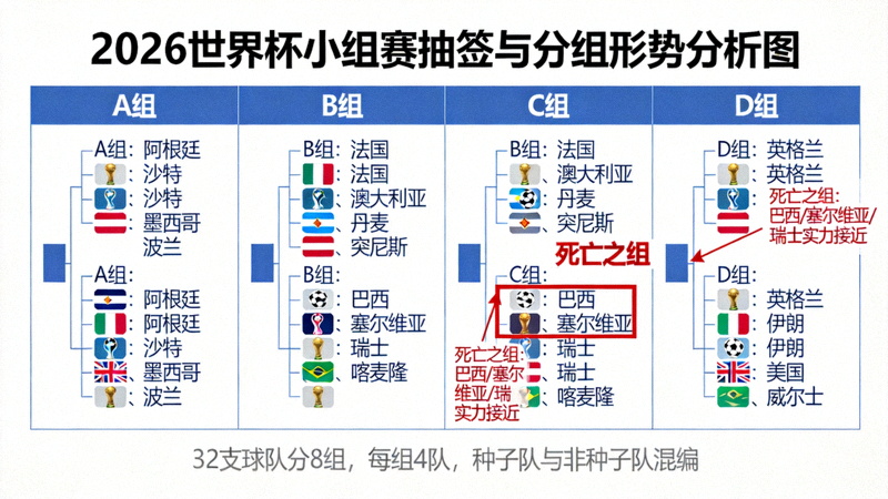 2026世界杯小组赛分组模拟图，展示可能出现的‘死亡之组’对阵情况