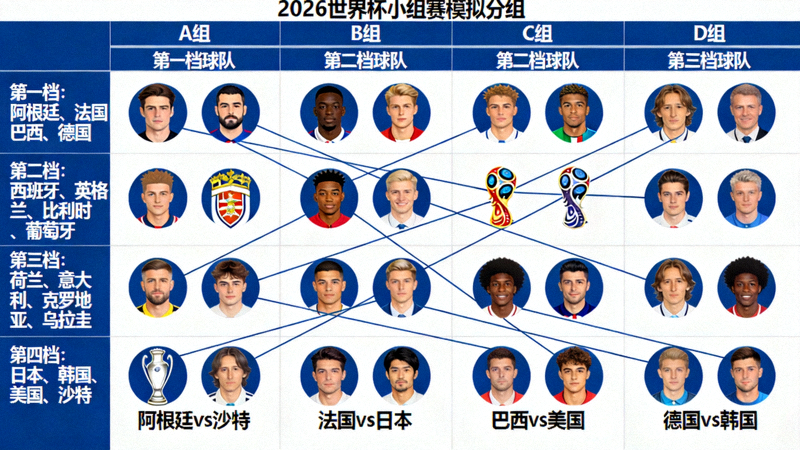 2026世界杯小组赛阶段模拟分组对阵图，展示不同档次球队可能形成的竞争组合