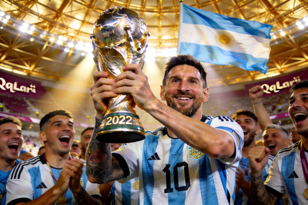 阿根廷队长梅西高举2022世界杯冠军奖杯的经典时刻，象征球队的传承与信心