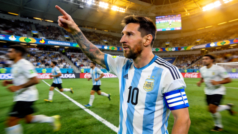 阿根廷队长莱昂内尔·梅西在美洲杯比赛中佩戴队长袖标指挥队友的赛场画面