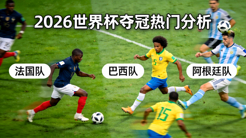 法国、巴西、阿根廷等国家队球员在绿茵场上激烈拼抢的精彩比赛瞬间，用于分析2026世界杯夺冠热门