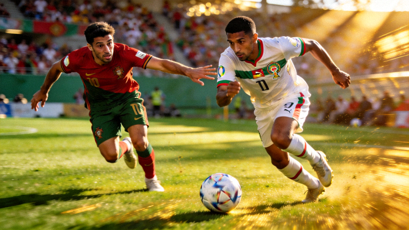 摩洛哥队快速反击瞬间，球员带球长途奔袭，葡萄牙后卫奋力回追的比赛镜头
