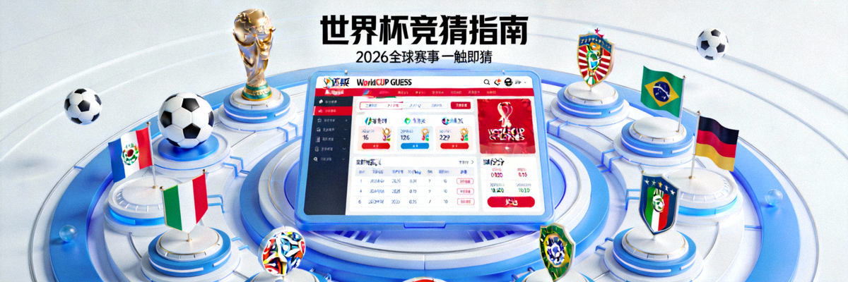 世界杯竞猜指南主视觉图，展示体彩官方平台WorldCUP GUESS的界面与2026世界杯元素