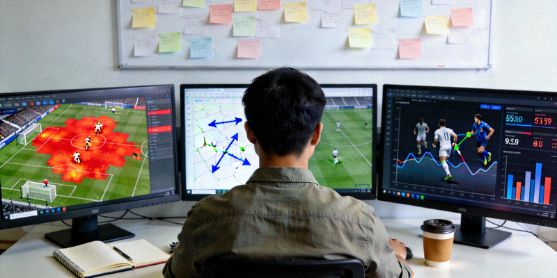数据分析师使用多屏显示器分析足球比赛热图、传球路线图和球员跑动数据等专业统计图表