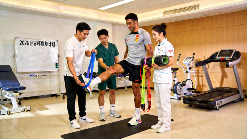 一位知名球星在医疗团队陪同下进行康复训练，以期赶上2026世界杯