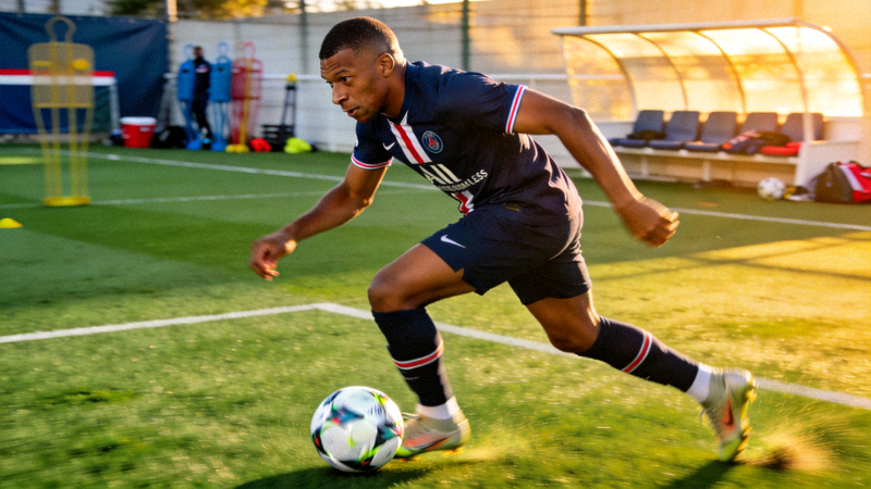 知名球星如姆巴佩在训练中展示个人技术的特写镜头，背景是俱乐部训练场