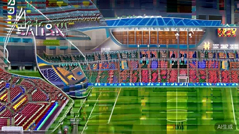 2022年卡塔尔世界杯决赛，阿根廷队与法国队在卢赛尔体育场激烈角逐的现场全景