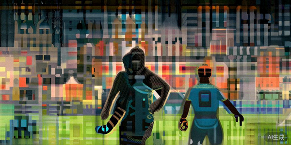 姆巴佩、哈兰德等新一代足球巨星在比赛中带球突破的合成概念图