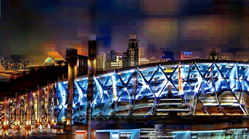 美国纽约大都会人寿体育场外部宏伟全景，椭圆形钢结构与灯光夜景