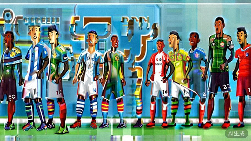 多位世界级足球明星同框的合成图片，包括梅西、C罗、姆巴佩等