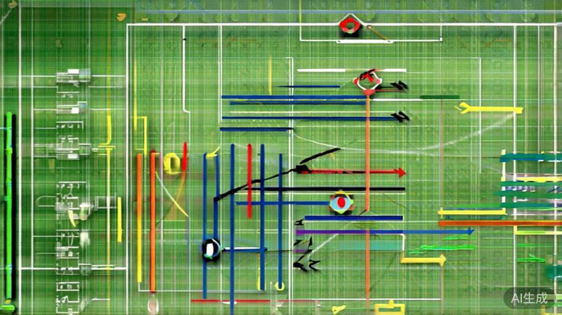 足球战术分析示范图，展示球场阵型、球员跑位与攻防转换的战术板示意图